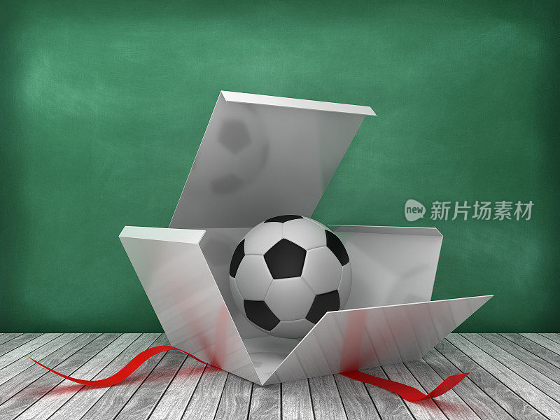 礼品盒与足球在黑板上的背景- 3D渲染